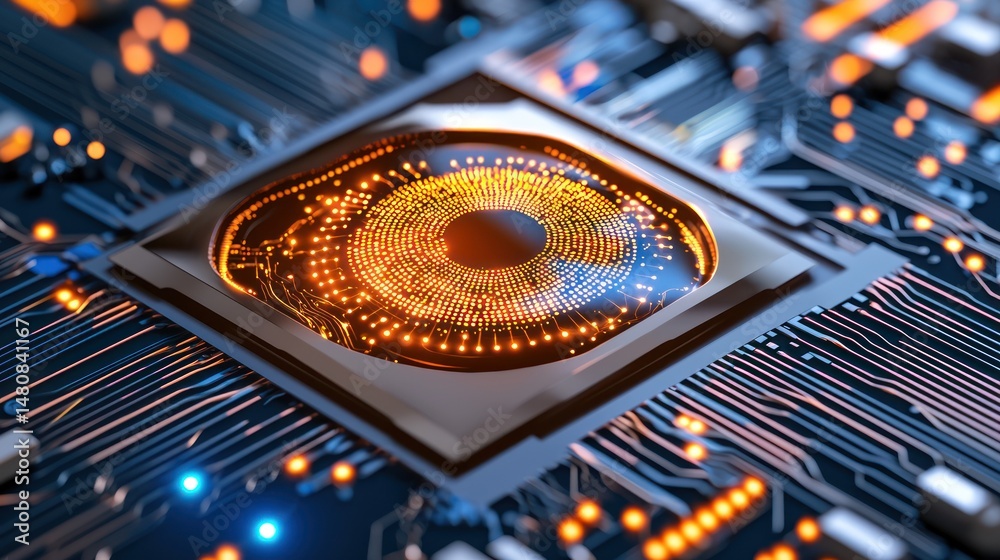 Poster Glowing digital eye embedded within a complex circuit board