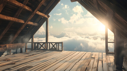 A serene attic with wooden beams and clouds below, bathed in warm sunlight.