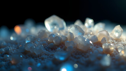 Extreme macro of translucent quartz sand grains glowing with light refraction on black background.