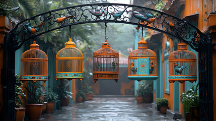 Obraz premium Ornate archway with hanging birdcages in a vibrant, misty alleyway