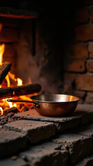 Skillet cooking over a fire, with glowing embers and rustic brick interior of a fireplace.