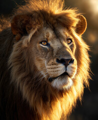 Naklejka premium Majestic Lion at Sunset – Symbol of Strength, Leadership, and the Wild. World Lion Day.