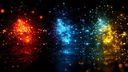 Vibrant, interconnected light particles in red, blue, and gold hues, creating a dynamic, abstract artwork