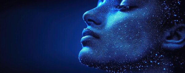 Blue-lit profile of a face, seemingly covered in shimmering droplets, evokes a sense of serenity and mystery