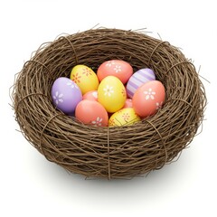 Obraz premium Easter Eggs in Nest on White - Colorful Easter eggs nestled in a bird's nest, symbolizing new beginnings, spring, fertility, hope, and celebration