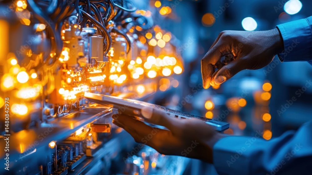 Aufkleber Engineer inspecting complex machinery with a digital tablet interface