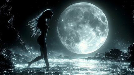 A nude woman walks along a moonlit shore, her long hair flowing, silhouetted against a massive full moon and dark, rocky coastline