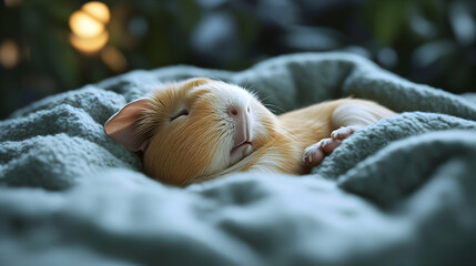 A peaceful, orange guinea pig sleeps soundly nestled in a soft, teal blanket