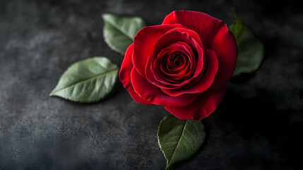 A single, deep red rose with lush green leaves rests on a dark gray background