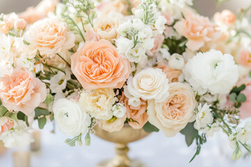 An elegant arrangement of white and pink roses in a luxury bouquet in a gold vase