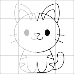 cute and simple cat drawing sketch with grid to learn how to draw for kids with gray trace drawing