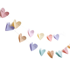 Pastel paper heart garland decoration for Valentine's Day or wedding celebration on a clean white background.