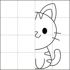 cute and simple cat drawing sketch with grid to learn how to draw for kids