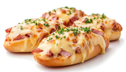 Tasty sandwiches with ham and melted cheese isolated on white