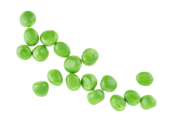 Green peas isolated on a white background, top view. Fresh vegetables.