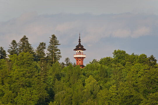 Jurkovic lookout tower. Watchtower located in Wallachian Open Air Museum, Roznov pod Radhostem city. Popular touristic point of the region.