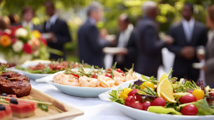Outdoor buffet with diverse food displays, with blurred background of guests conversing