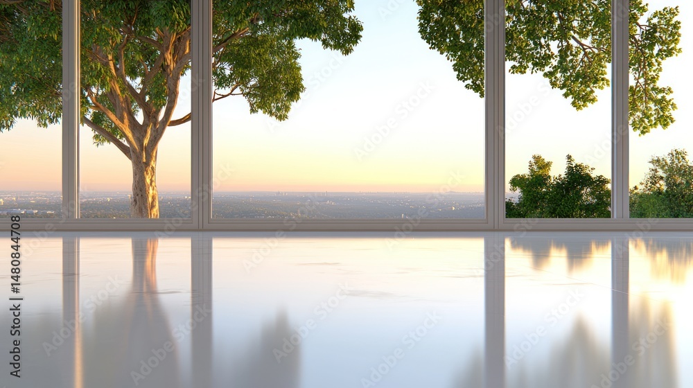 Poster beautiful view of trees and distant city through large windows