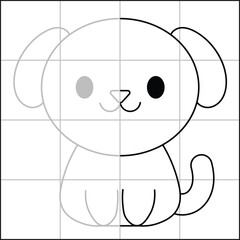 cute and simple dog drawing sketch with grid to learn how to draw for kids with gray trace drawing