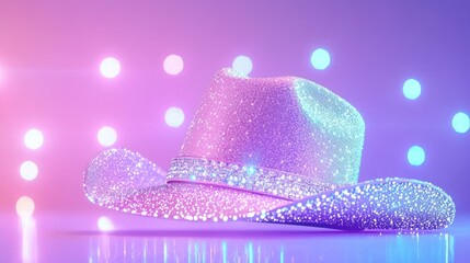Shimmering cowboy hat sparkling against a dreamy pink and purple background