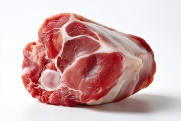 Raw pork knuckle with pink meat and fat marbling isolated on white background