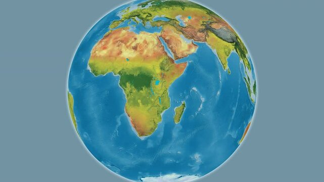 Tanzania on the globe. Outline. Topographic map. No labels