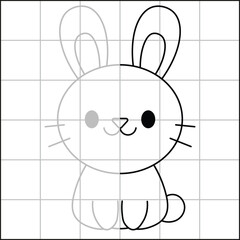 cute and simple bunny drawing sketch with grid to learn how to draw for kids with gray trace drawing
