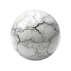 Isolated glossy white sphere with a fractured surface covered in a network of dark cracks, symbolizing fragility and age