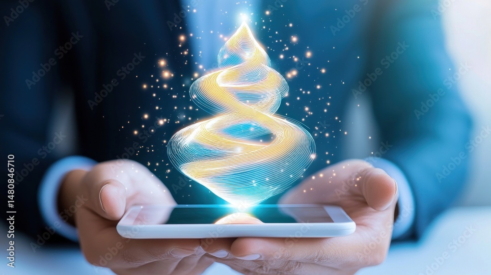 Aufkleber man holding a phone displaying a glowing abstract spiral