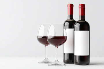 Bottles of red wine with blank mockup labels with glasses on a white background.
