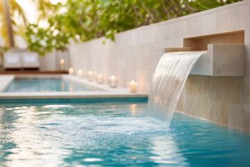 A close-up of blue water flowing in a pool, decorated with candles at sunset