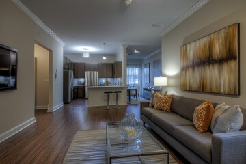 Fototapeta premium Spacious modern apartment interior, open-concept living