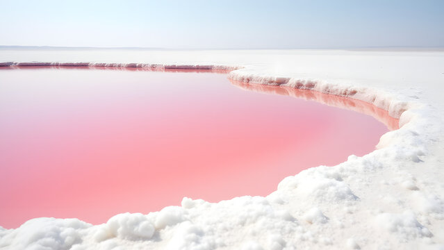Pink brine pools contrasting with white salt flats, showing microbial life in extreme saline environment.