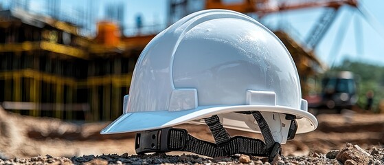 White hard hat rests on ground at construction site.  Scaffolding and machinery blurred in background
