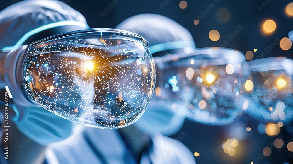 Poster surgeons wearing virtual reality headsets with digital network overlays