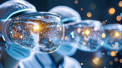 Surgeons wearing virtual reality headsets with digital network overlays