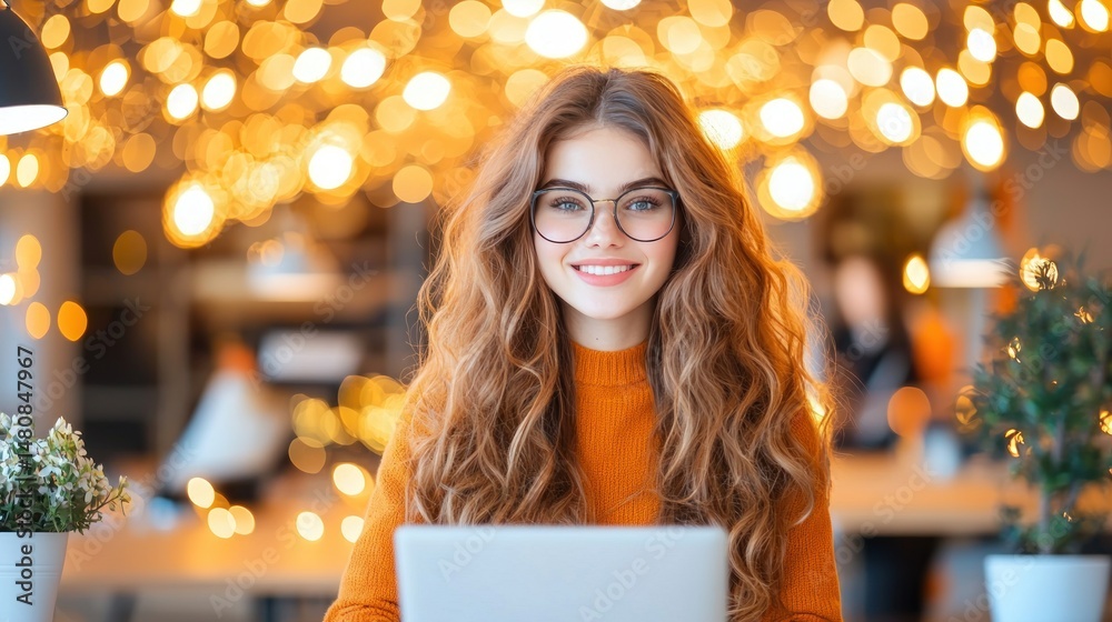 Aufkleber woman with glasses smiling in front of bokeh lights