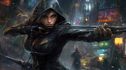Female archer rain city night digital painting action fantasy game art