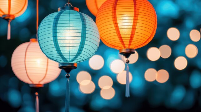 Colorful lanterns illuminate a serene dark night with bokeh