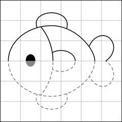 cute and simple fish drawing sketch with grid to learn how to draw for kids with gray dots trace drawing