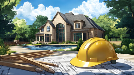 A bright and vibrant scene featuring a modern luxury home, construction plans, and a yellow hard hat, symbolizing new beginnings.
