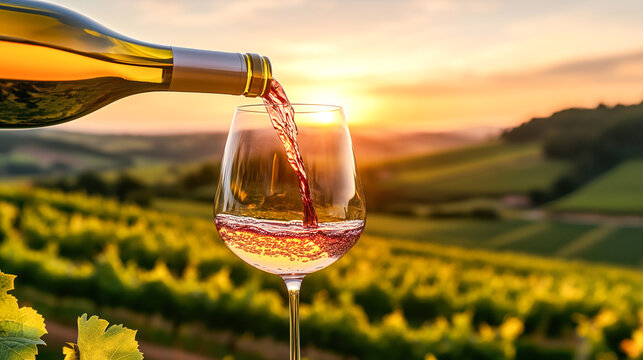 Wine being poured into a glass, with a sunset vineyard landscape in the background