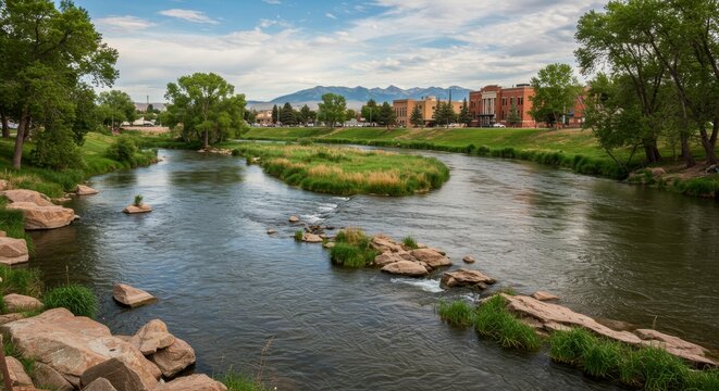 Greeley Colorado: River, Nature, and Cityscape - Picturesque Colorado landscape. River flows through green spaces, past a charming town with mountain views. Tranquil