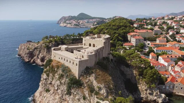 Aerial view of Fort Lovrijenac on a cliff above the Adriatic Sea. Tourist attraction St. Lawrence Fortress near the city of Dubrovnik, Croatia