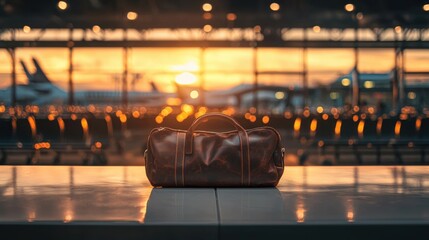 A brown leather duffel bag sits on a table in an airport terminal.