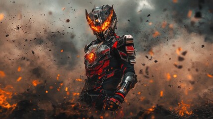 Fototapeta premium Futuristic armored warrior in fiery explosion fantasy sci fi action artwork