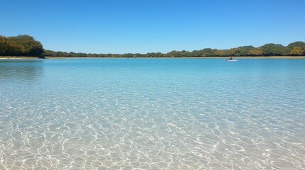 A serene lake with a small boat and trees in the background.