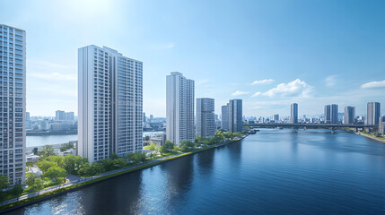 Naklejka premium Scenic urban skyline featuring modern high-rise buildings along a tranquil river under a bright blue sky.