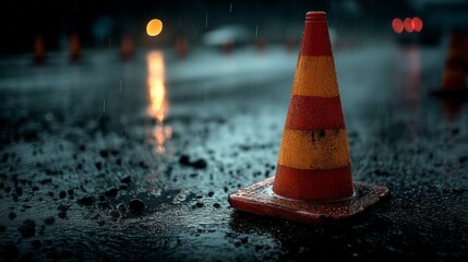 A cone is sitting on a wet road