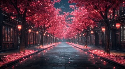 A picturesque street lined with cherry blossom trees, illuminated by lanterns at night, creating a serene and romantic atmosphere